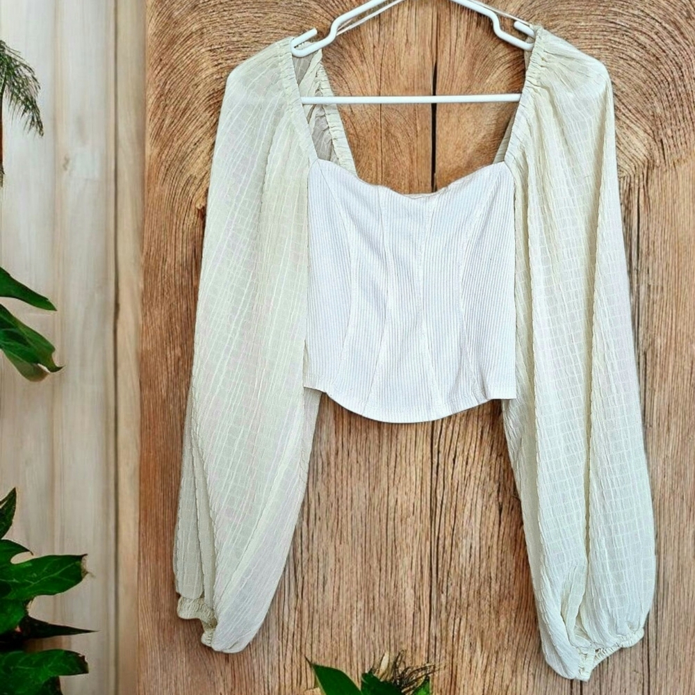 Peasant Blouse Off-shoulder White Ribknit Bodice Cream Romantic Puff Sleeve